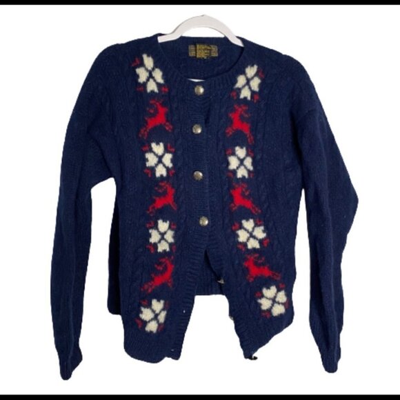Vintage Eddie Bauer Navy Blue Deer Cardigan - Picture 1 of 5